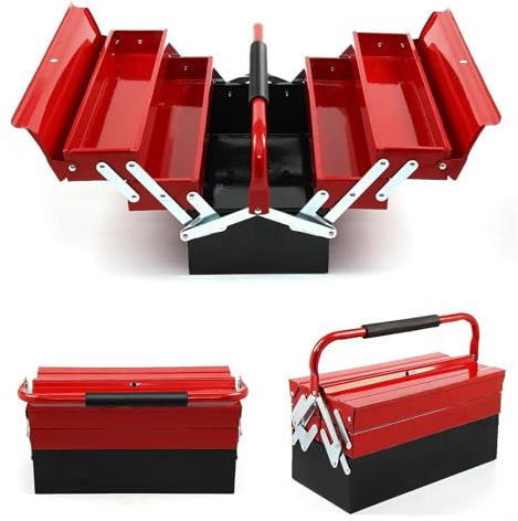 Metal Tool Box with 3 Tiers 5 Tray Heavy Duty Cantilever ToolBox 43x22x21cm Tool Storage Box for Garages Vans and Workshops Red Powder Coated