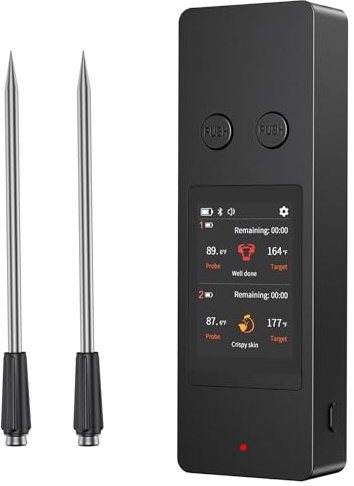 Fleischthermometer Kabellos Bratenthermometer Grillthermometer mit 2 ultradünnen Fühlern, großem Touchscreen, IP67 wasserdichtes Smarte Küchenthermometer für Grill, BBQ, Smoker