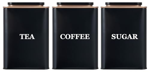 Juego de 3 botes de té, café y azúcar, para el hogar, tapas herméticas y fáciles de abrir, organizador decorativo para alimentos, tarros de almacenamiento de cocina, latas decorativas de acero
