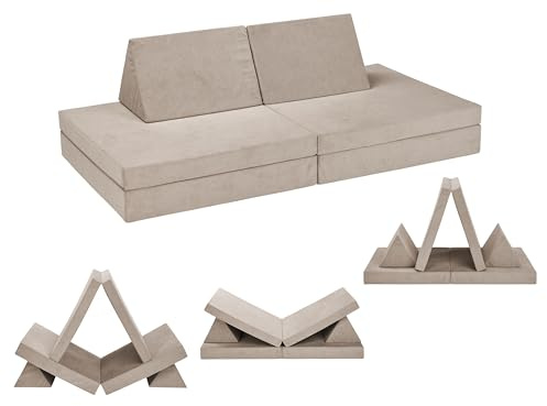 XDREAM Sofá de juegos con funda de terciopelo suave | Sofá de aventura para niños para jugar, construir y descansar | Funda lavable, resistente y duradera | Sofá infantil Öko-Tex | Sofá infantil beige