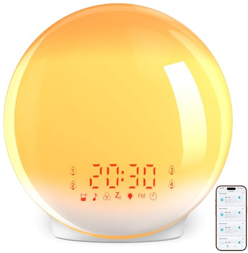 Reloj despertador de amanecer, luz de despertar con simulación de amanecer/atardecer, control de aplicación, 4 alarmas, calibración automática de tiempo, función de repetición, radio FM, 7 sonidos