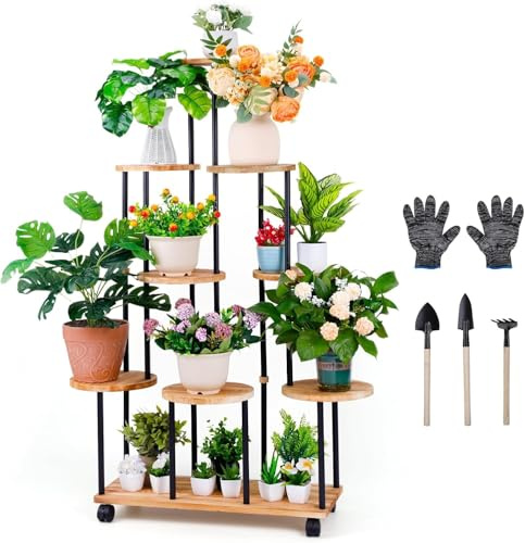 Wuciray Estanteria para Plantas Madera 5 Niveles Soporte Plantas Interior Macetas con Ruedas para Jardín (3#)