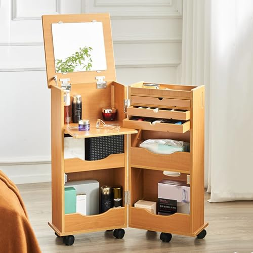 Litet Kompakt Sminkbord, Multifunktionellt Sminkbord Med Spegel, Flyttbart Sminkbord Med Bromshjul, 3 Lådor/mångsidiga Förvaringsfack(Wood)