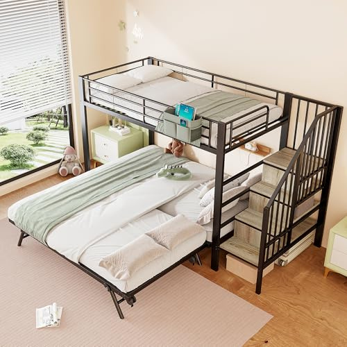 Sapgaks Lit superposé Enfant en Fer 90 x 200 cm avec lit gigogne,Sac en Tissu,escalier avec Espace de Rangement, lit Enfant,Cadre de lit 2-3 Personne (G-Noir)