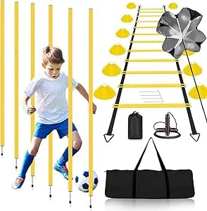 Hengrongshen Fotbollsträningstillbehör för barn, fotbollsträningstillbehör med 6 vridstänger, 6 m koordinationsstege, 12 hattar, koordinationsträning, lämplig för träning (gul)