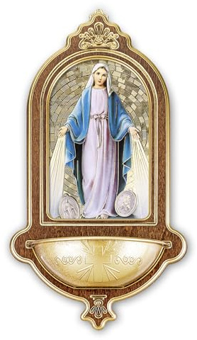 Fratelli Bonella - Acquasantiera in legno con dettagli in oro a caldo della Madonna Miracolosa f.to 13,9 x 25,4 cm