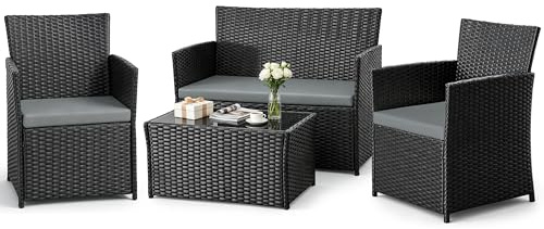 Yaangagpe 4pc Black Rattan Garden Furniture Set for Patio, Balcony & Garden