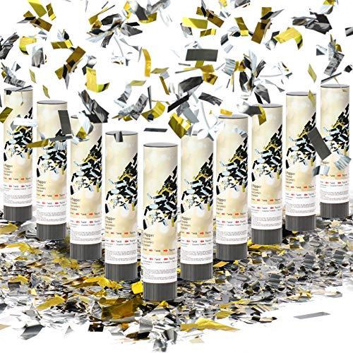 com-four® 10x Shooter Party Popper-Set 20cm, Konfetti-Kanone zum Drehen für Silvester, Partys, Geburtstage, Konfetti Bombe mit toller Effekthöhe (10 Stück - metallic 20cm)