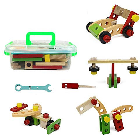 Symiu Spielzeug Holzbausteine Bauklötze Werkbank Werkzeugkoffer Holzspielzeug Kinderspielzeug Lernspiele ab 3 4 5 Jahren Geschenk für Mädchen Jungen Kinder