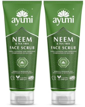 Ayumi Neem Face Scrub for Acne Treatment | Oily Skin Face Scrub with Witch Hazel | Exfoliating Scrub with Tea Tree Oil | Hydrating Scrub with Moringa Oil | Women & Mens FaceScrub | 2x 125ML