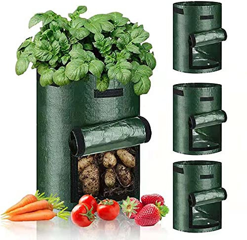 PfiHom Kartoffel Pflanzsack 7 Gallonen 4 Packungen, 34L Kartoffelpflanzsäcke, Karotten und anderes Gemüse, verdickter Pflanztasche mit Fenster und Griffen (dunkelgrün)