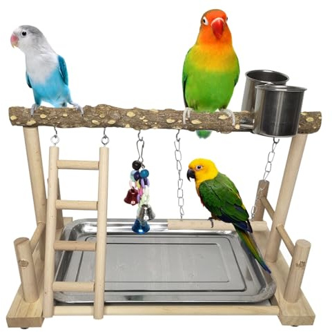 PINVNBY Bird Playground Parrot Playstand Birds Play Stand Wood Exercise Perch Gym Stand Playpen Ladder with Feeder Cups Hanging Swing Toys for Parakeet Conure Cockatiel Budgie Cage Accessories