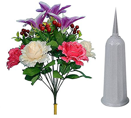 MISNODE Lot de 2 bouquets commémoratifs patriotiques de 45,7 cm avec roses rouges et lys violets, fleurs artificielles pour cimetière avec vases de cimetière