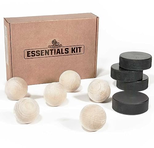 Hockey Revolution Essentials Kit - Wooden Swedish Balls with Hockey Pucks and Heavy Duty Plastic Pucks - No Bounce Training Equipment - Ground Dribbling Skills, Drill Bits