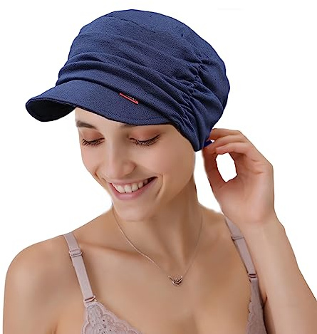 Cysocool Gorro de béisbol suave para mujer, gorro tipo newsboy de bambú con pico, turbantes para quimioterapia para la pérdida de cabello, gorro holgado, bonet, boina, azul oscuro, Talla única