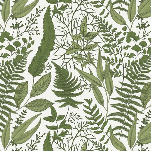 Fiula Selbstklebende Tapete Klebefolie Möbel Grün Blätter Klebfolie Möbel 41cmx3M Möbelfolie Selbstklebend Wasserdicht Blattmotiven Wandverkleidung Vinyl Wrap Abnehmbar für Wohnzimmer Weiß Wallpaper