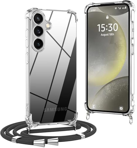 OLEPHY Funda con Cuerda para Samsung Galaxy S24 5G 6,2, Funda con Cordón Ajustable, Soft Case Transparente con Correa para el Cuello, Negro