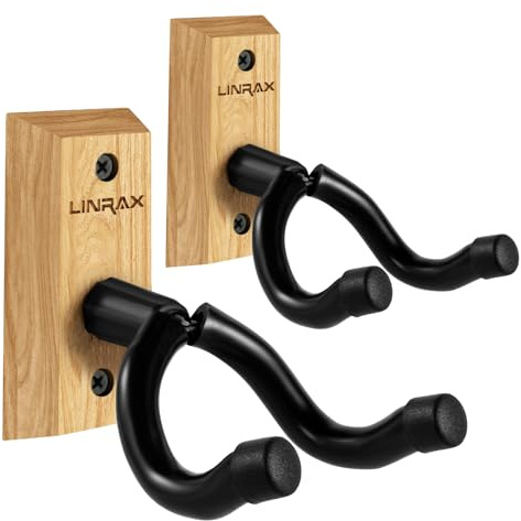 LINRAX GH2 Support Mural pour Guitare, Lot de 2 Supports Muraux en Bois Dur, Crochet de Guitare, Support pour Guitare Acoustique Guitare Électrique Basse Banjo Mandoline, Porte Accroche Guitare