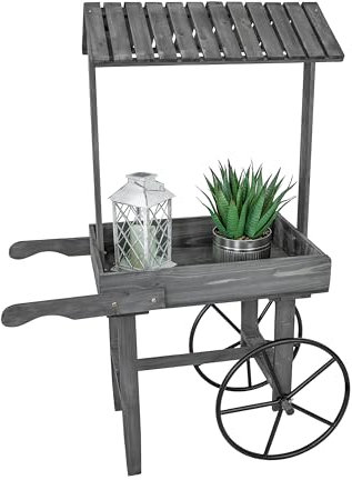 Sunnydaze Rustic Flower Cart Display Stand with Wheels - Vintage Wooden Candy Cart for a Wedding, Party, or Event - Gray