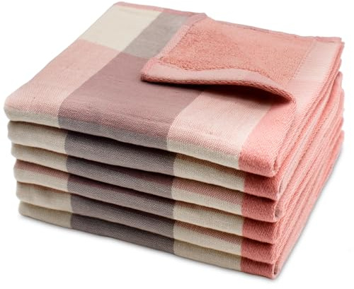 kimteny 6 Pack 100% Cotton Washcloths, Dual-Sided Design (Terry + Gauze) Facecloths, 13x13 Inch Ginghqm Washrags, Soft & Skin-Friendly, for Bathroom, Kitchen & Household (Pink, 13x13 Inches)