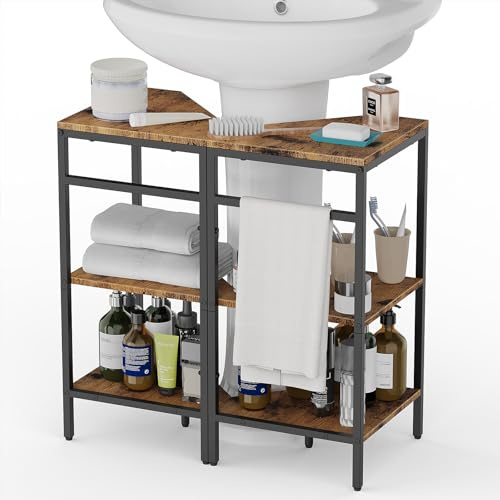 CADUKE Pedestal Sink Storage, 2 Pack Under Sink Organizer Shelf Bathroom Under Vanity Storage Shelf for Small Space, Bathroom Organizers Rack Stand 3 Tier Wooden Corner Shelves, Rustic Brown