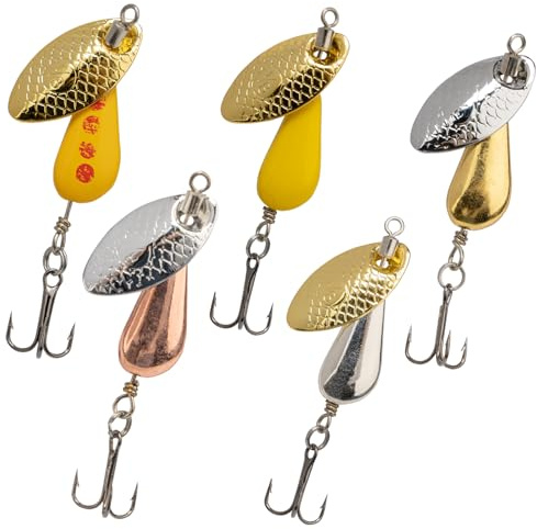 QualyQualy - Esche da pesca per trota, spinnerbait in metallo duro, 5 pezzi, in ottone, per catturare persici, in acqua dolce e salata, per laghi, fiumi