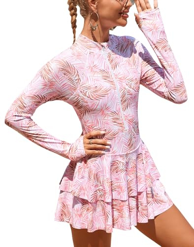 Ausing - Bañador de manga larga para mujer Rashguard 1 pieza de protección solar playa S-XL
