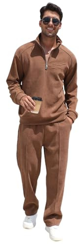 amropi Conjunto de Chándal de Pana para Hombre Sudadera Forro de Piel con Cremallera y Pantalones de Jogging Café, XL