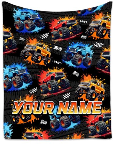 Boys Personalised Blanket β Custom Truck Throw with Name for Kids β Soft Flannel Fleece Blanket β Cosy Gift for Son β Available in 4 Sizes