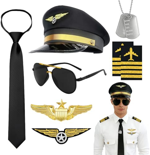 Hpbaggy Set di Costumi da Pilota,8PCS Accessori costume pilota,Cappello da capitano,Cravatta,Occhiali da Sole,Collana,Distintivo,patch,Accessori da Capitano Pilota,per Carnevale,Cosplay,feste a tema