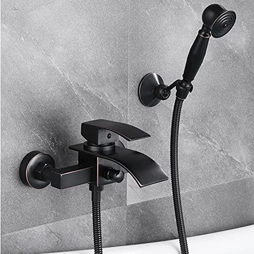 Modern svart brons badblandare kran med dusch – väggmonterad vattenfall badkar blandare kran handdusch mässing enkel spak elegant badrumsarmatur