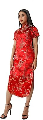 Dysmad Costumizate! Kimono o Qipao color Rojo con manga Corta. Vestido oriental para mujer. (FR/ES, Letras, Talla única, Regular, Regular, L, Rojo)