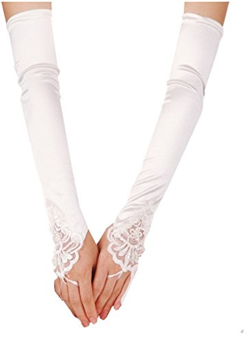 DreamHigh Satin Lace Fingerless Elbow Length Wedding/Party/Evening Gloves-White