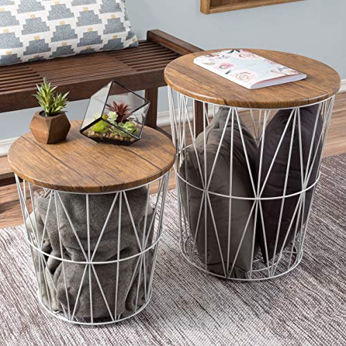 Lavish Home End Tables - Round Nesting Tables Set of 2, Brown/White