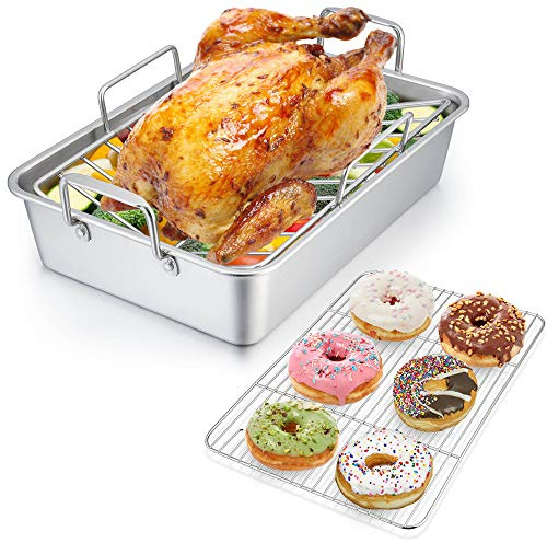 P&P CHEF 14 Roaster Roasting Pan with Baking Rack and V-shaped Rack, Stainless Steel Rectangular Lasagna Pan with Handles for Turkey Chicken, Healthy & Dishwasher Safe, 3 Pieces, Silver