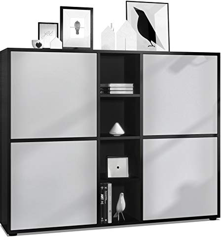 Vladon Highboard Cuba V3, Made in Germany, Schwarz matt/Hellgrau seidenmatt - Moderne Anrichte mit 12 Fächern (130,5 x 105,5 x 35,5 cm)
