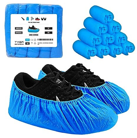 TYGA Store | 100 Disposable Shoe Covers Blue Plastic Anti Slip Indoor Outdoor Carpet Floor Rain Cleaning Boot Safety Non-Woven Cycling Overshoes Protectors (100)