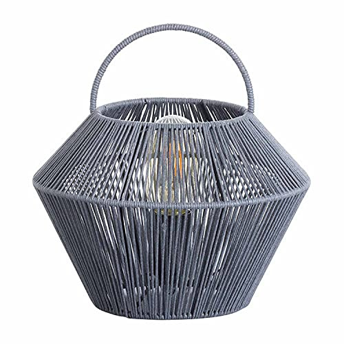 Lámpara de Mesa Gris Estilo Mediterráneo | Modelo Shaoran 7hSevenOn Deco | Lámpara en Forma de Cesta de Papel Trenzado y Ratán | Ideal para Salón, Comedor o Mesitas de Noche | 24x24x25cm