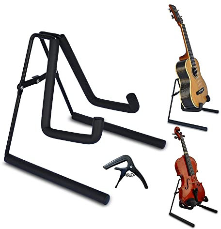 Speedee Music Faltbarer Ukulelenständer mit Kapodaster, leicht, Metallkörper, gepolsterte Arme, rutschfeste Basis, A-Rahmen Ständer für Ukulele, Mini-Gitarre, Banjo, Mandoline, Violine