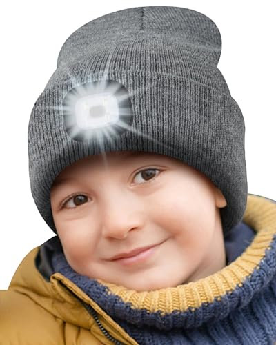 Deilin Led Mütze Kinder, Mütze mit Licht Junge Mädchen, USB Wiederaufladbare Warme Strickmütze Stirnlampen zum Radfahren Laufen Festival Geschenke für Jungen und Mädchen, Grau