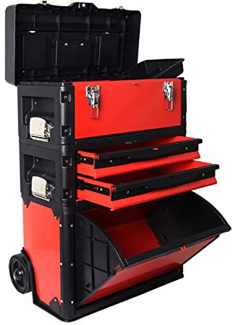 UNNS Werkstatt-Organizer mit Rollen, große Werkzeugkiste – stapelbare, aufrechte Trolley-Werkzeugkiste mit abnehmbarem Tablett (Color : Rot)