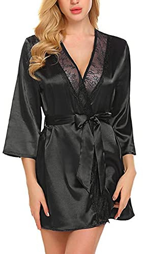 TOEECY Vestaglia Donna Kimono Raso Accappatoio Corto con Pizzo Camicia da Notte Elegante Vestaglia Sposa Damigella Robe Pigiama Satin Morbido Vestaglia Notte