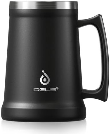 Ideus Insulated Beer Stein, 24/32oz Stainless Steel Double Walled Beer Mug Giant Bar Drinkware Metal Beer Cup with Big Grip Handle (Black, 24 ounces (710ml))