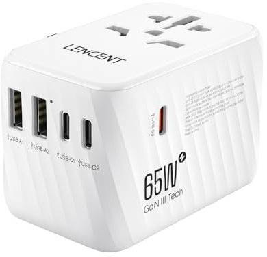 LENCENT Adaptador Enchufe Universal GAN III 65W, Cargador Internacional con 2 USB-A y 3 Tipo-C PD Carga Rápida, Adaptador de Viaje para Móvil, Tableta, Portátil (EU/USA/UK/AU), Blanco