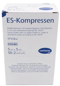 Hartmann ES Mullkompressen steril 5 x 5 cm, 17-fädig, 8-fach, Art. 4019000 (1 Packung = 50 x 2 Stück)