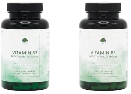 Vitamin B3 Nicotinamide 500mg | Non-Flush High Strength Vitamin B3 | 120 Vegan Capsules | G&G Vitamins (Pack of 2)