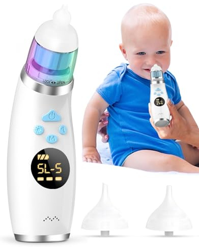 Aspirador nasal eléctrico para bebé, succión de nariz de bebé con 5 niveles de succión, limpiador automático de nariz con 3 puntas de silicona, aspirador de nariz con función calmante musical y luz