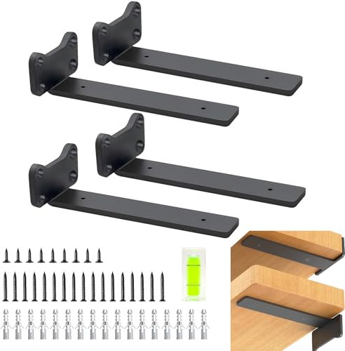 Kazaigou 4 Pack Floating Shelf Brackets, 10 Inch Heavy Duty Brackets for Shelves Support, Black Coated Metal Wall Shelf Support with 0.2'' Thick and 60KG Load Capacity