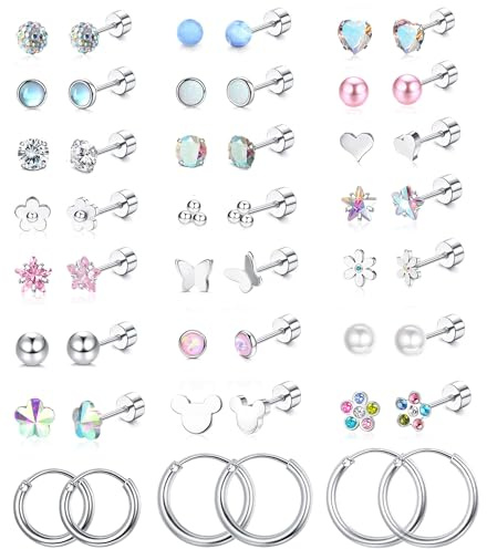 YADOCA 24 Pares Pendientes de Acero Quirúrgico Mujer Hipoalergénicos Corazón Flor Mariposa Pendientes Pequeños Cartílago Hélice Piercing Oreja Pendientes de Aro Niñas Pendientes