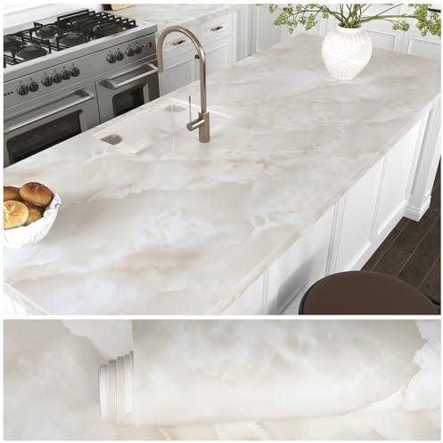 VEELIKE Papel Pintado Mármol Ónix Crema Papel Adhesivo Marmol Beige Grueso Vinilo Marmol Mate Vinilo Encimera Cocina Papel Tapiz Comedor Mesa Papel de Pared Baño Impermeable Extraíble 40cmx300cm